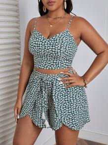 SHEIN VCAY Plus Ditsy Floral Cami Top & Tassel Tie Front Shorts,Holiday Outfits Boho - Green - View 6