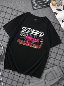 Men Car And Letter Graphic Tee - Black - View 1