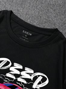 Men Car And Letter Graphic Tee - Black - View 3