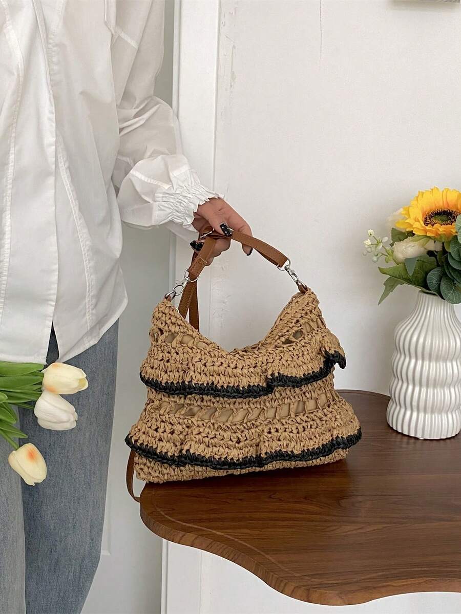 Túi rơm có hoa văn sọc Trung bình Dây đeo có thể điều chỉnh Kỳ nghỉ - Màu Khaki - Xem 1