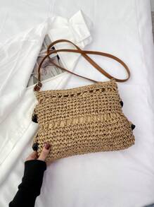 Túi rơm có hoa văn sọc Trung bình Dây đeo có thể điều chỉnh Kỳ nghỉ - Màu Khaki - Xem 2