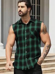 男士格紋印花無袖襯衫 - 綠色 - 查看 3