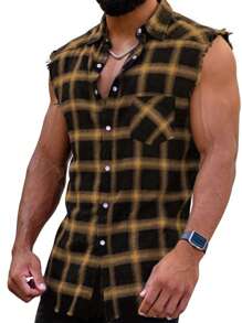 Áo sơ mi Nam Túi Nút phía trước Sọc ca rô Giải trí - Màu vàng - Xem 1