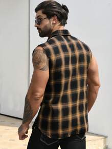 Áo sơ mi Nam Túi Nút phía trước Sọc ca rô Giải trí - Màu vàng - Xem 2