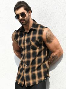 Áo sơ mi Nam Túi Nút phía trước Sọc ca rô Giải trí - Màu vàng - Xem 4