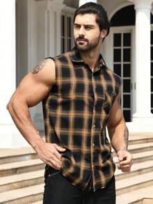 Áo sơ mi Nam Túi Nút phía trước Sọc ca rô Giải trí - Màu vàng - Xem 5