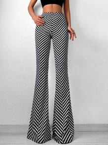 EURMUSE Chevron Print Flare Leg Trousers - Black and White - View 1