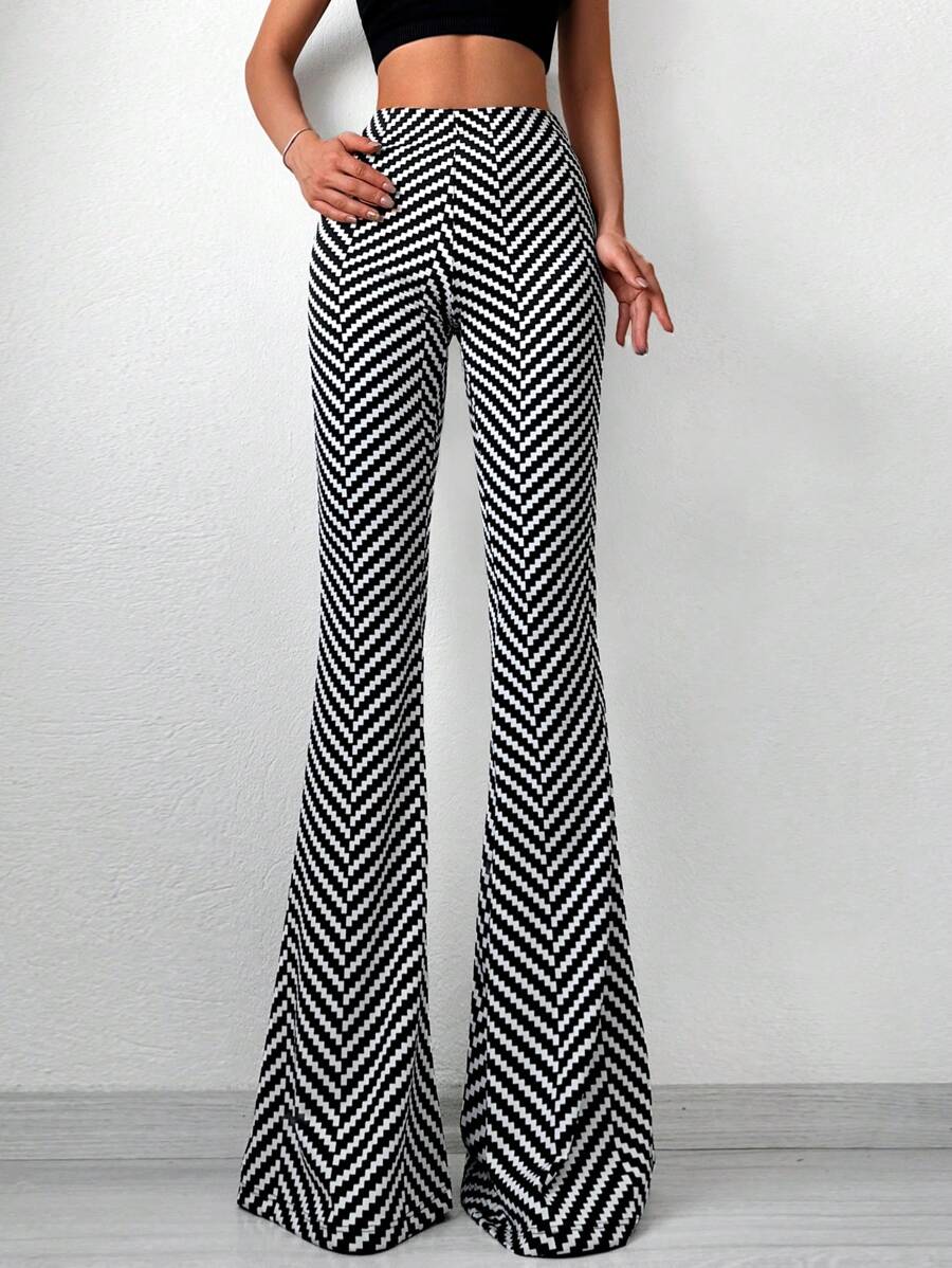EURMUSE Chevron Print Flare Leg Trousers - Black and White - View 1
