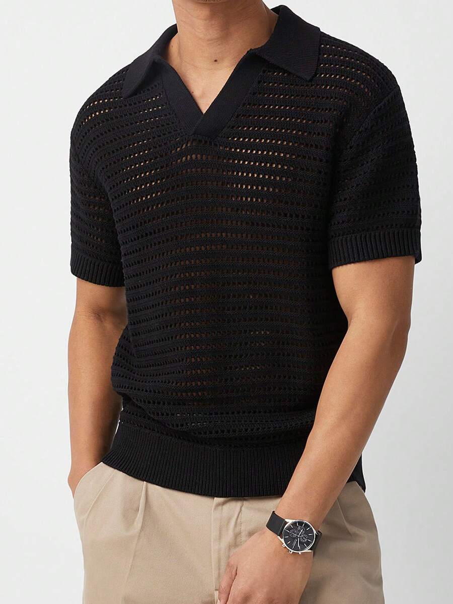 Men Solid Pointelle Crochet Knit Top