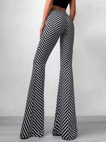 EURMUSE Chevron Print Flare Leg Trousers - Black and White - View 2