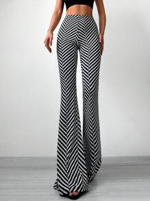 EURMUSE Chevron Print Flare Leg Trousers - Black and White - View 3