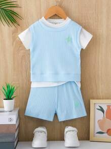 SHEIN 男嬰星星刺繡背心上衣和T恤和短褲 - 藍白色 - 查看 1