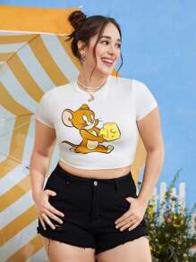 TOM & JERRY X SHEIN Camiseta crop con estampado de dibujos animados - Blanco - Ver 1