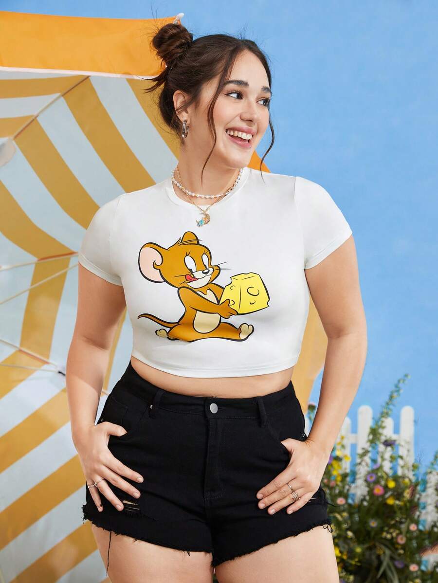 TOM & JERRY X SHEIN Camiseta crop con estampado de dibujos animados - Blanco - Ver 1