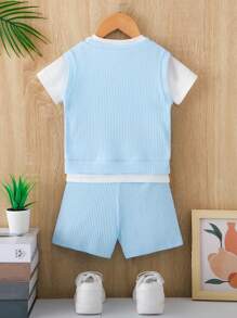 SHEIN 男嬰星星刺繡背心上衣和T恤和短褲 - 藍白色 - 查看 2