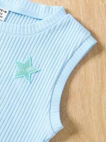 SHEIN 男嬰星星刺繡背心上衣和T恤和短褲 - 藍白色 - 查看 6