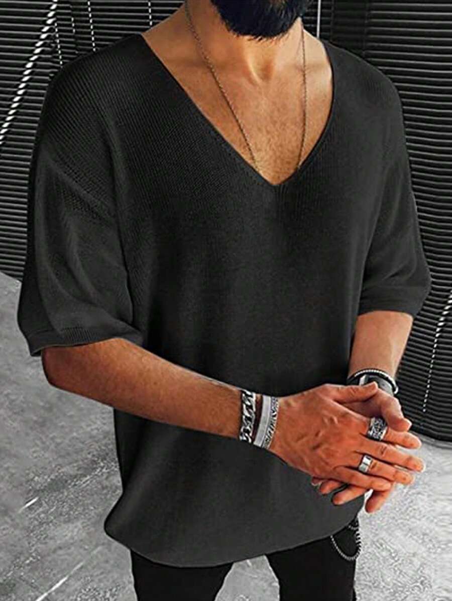 Men Solid V Neck Drop Shoulder Knit Top - Black - View 1