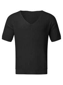 Men Solid V Neck Drop Shoulder Knit Top - Black - View 3