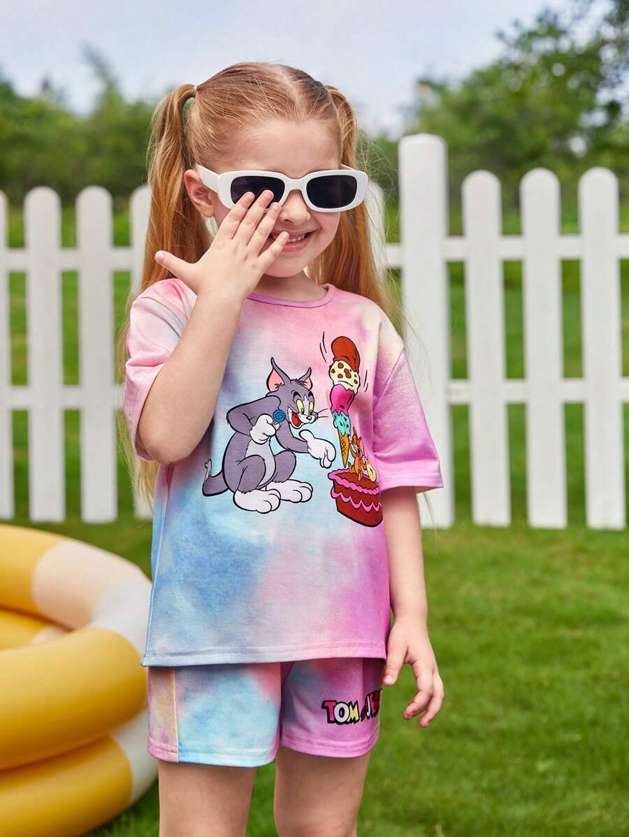 TOM & JERRY X SHEIN Bộ thời trang bé gái Hoạt hình Cà vạt nhuộm Giải trí - Nhiều màu - Xem 1