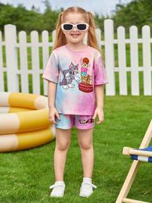 TOM & JERRY X SHEIN Bộ thời trang bé gái Hoạt hình Cà vạt nhuộm Giải trí - Nhiều màu - Xem 3