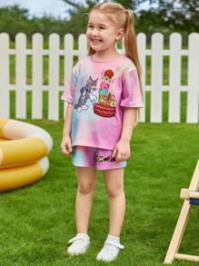 TOM & JERRY X SHEIN Bộ thời trang bé gái Hoạt hình Cà vạt nhuộm Giải trí - Nhiều màu - Xem 5