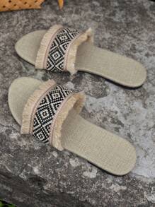 Women Geometric Pattern Raw Trim Slide Sandals, Fabric Vacation Sandals - Multicolor - View 2