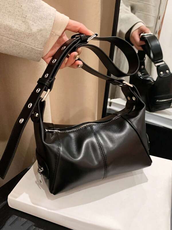 DareSee Eyelet Detail Hobo Bag, Black PU Leather, Simple & Practical Multifunction Zipper Music-Fest Y2K-Fest Back To School Autumn Christmas Christmas Winter Christmas Gifts