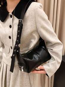 孔眼細節流浪包黑色PU皮革 - 黑色 - 查看 2