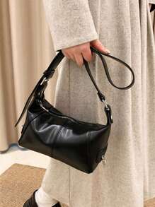 孔眼細節流浪包黑色PU皮革 - 黑色 - 查看 3