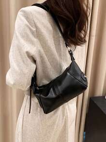 孔眼細節流浪包黑色PU皮革 - 黑色 - 查看 5