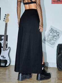 ROMWE PUNK High Waist Buckle Detail Split Thigh Skirt - Black - View 2