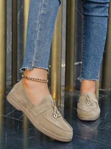 Elegant Flache Loafers mit für Wildlederimitat Metall Dekor, Knoten Detail, Slip On Flats mit - Khaki - Übersicht 2