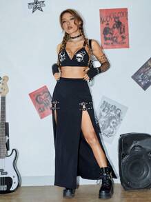 ROMWE PUNK High Waist Buckle Detail Split Thigh Skirt - Black - View 3