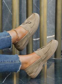 Elegant Flache Loafers mit für Wildlederimitat Metall Dekor, Knoten Detail, Slip On Flats mit - Khaki - Übersicht 3