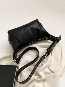 孔眼細節流浪包黑色PU皮革 - 黑色 - 查看 8