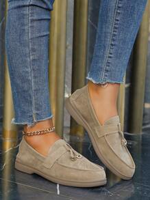 Elegant Flache Loafers mit für Wildlederimitat Metall Dekor, Knoten Detail, Slip On Flats mit - Khaki - Übersicht 5