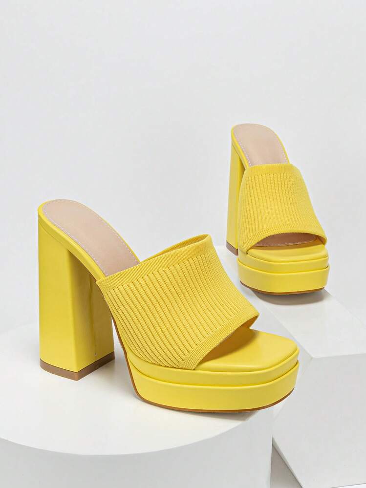 Fashion Yellow Mule Sandals For Women, Platform Chunky Heeled
