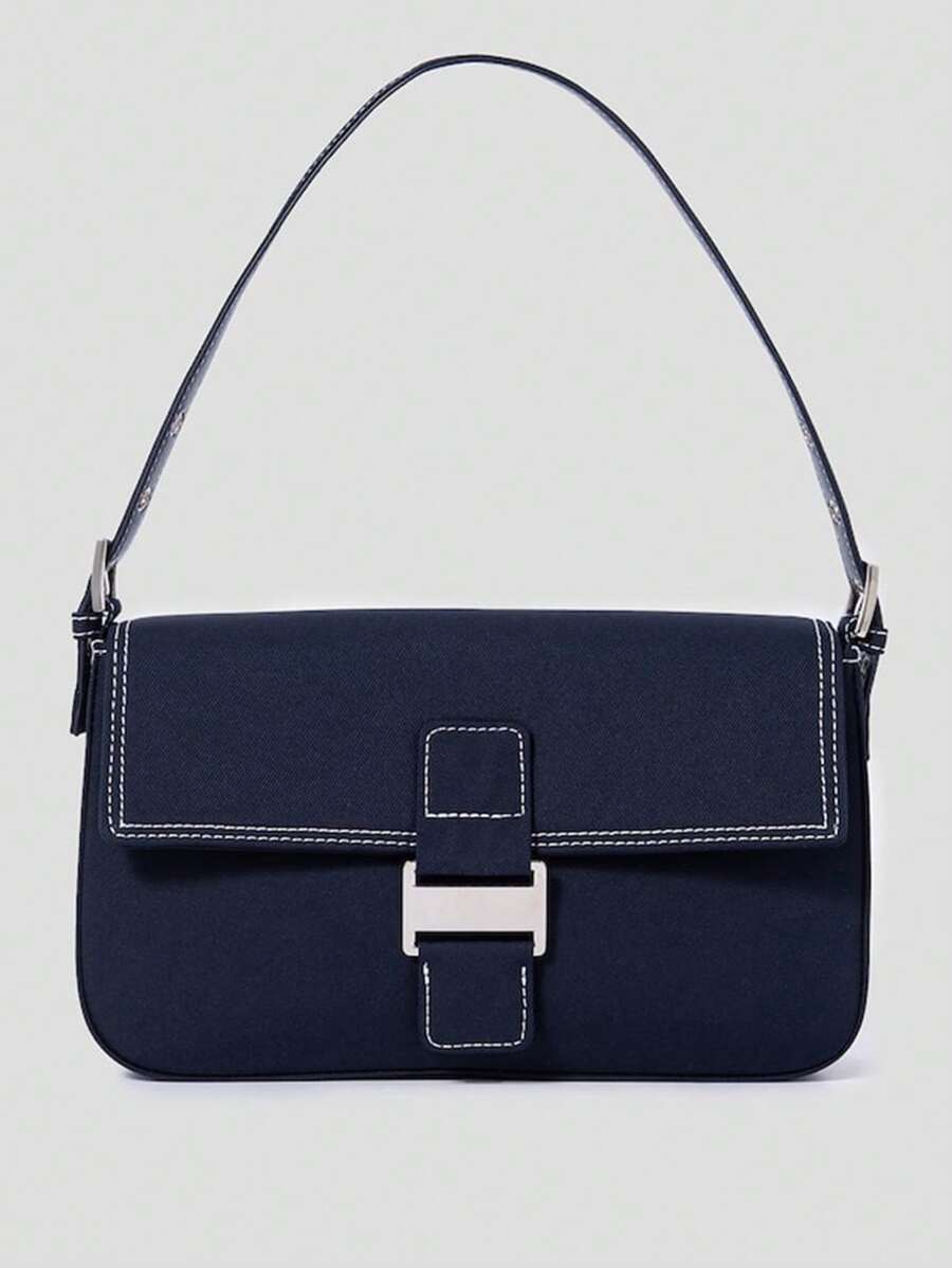 Túi vuông tối giản Túi xách nylon nắp vừa màu xanh cổ điển - Màu xanh lam - Xem 1