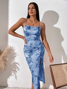 Chiquease 紮染高衩吊帶連衣裙 - 淺藍色 - 查看 5