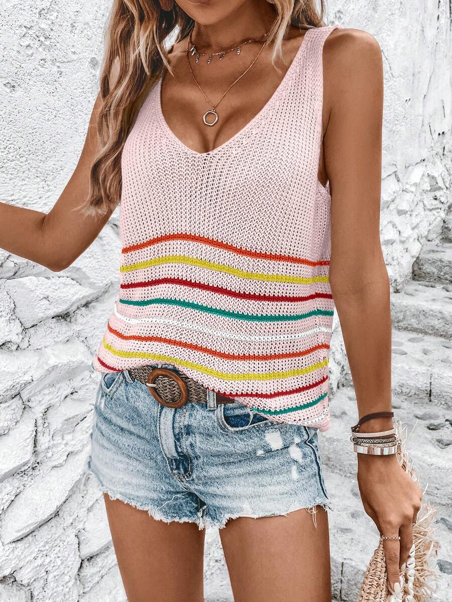 SHEIN LUNE Áo len nữ vest Sọc Giải trí - Màu Hồng baby - Xem 1