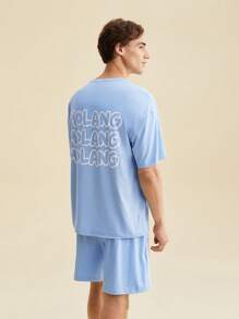 SHEIN X MOLANG Bộ hai mảnh Nam Túi Hoạt hình Lá thư Giải trí - Màu xanh nhạt - Xem 3