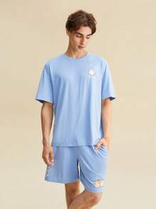 SHEIN X MOLANG Bộ hai mảnh Nam Túi Hoạt hình Lá thư Giải trí - Màu xanh nhạt - Xem 7