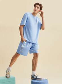 SHEIN X MOLANG Bộ hai mảnh Nam Túi Hoạt hình Lá thư Giải trí - Màu xanh nhạt - Xem 6