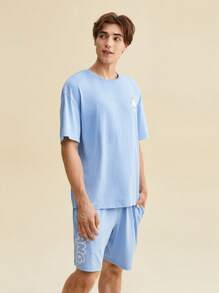 SHEIN X MOLANG Bộ hai mảnh Nam Túi Hoạt hình Lá thư Giải trí - Màu xanh nhạt - Xem 8