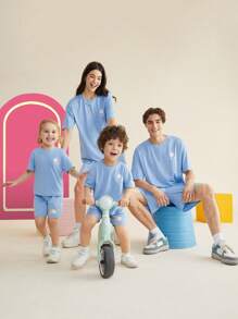 SHEIN X MOLANG Bộ hai mảnh Nam Túi Hoạt hình Lá thư Giải trí - Màu xanh nhạt - Xem 2
