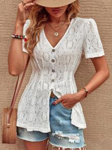 SHEIN LUNE Eyelet Embroidery Button Front Blouse - White - View 2