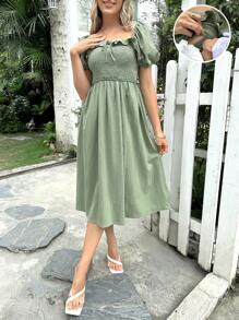 SHEIN Maternity 1pc Square Neck Ruffle Trim Knot Front Nursing Dress - Army Green - View 10