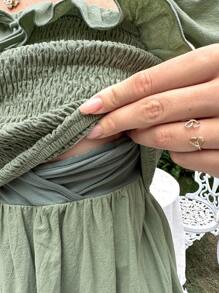 SHEIN Maternity 1pc Square Neck Ruffle Trim Knot Front Nursing Dress - Army Green - View 4