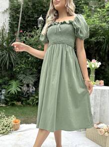 SHEIN Maternity 1pc Square Neck Ruffle Trim Knot Front Nursing Dress - Army Green - View 5