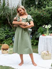 SHEIN Maternity 1pc Square Neck Ruffle Trim Knot Front Nursing Dress - Army Green - View 6